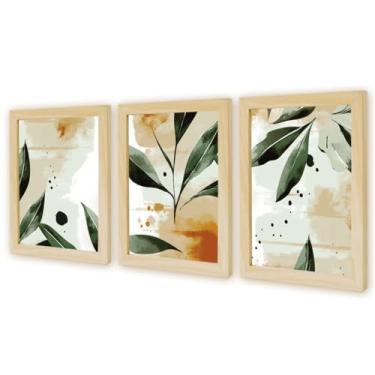 Imagem de Kit 3 Quadros Decorativos Verde Folhagem Natureza Plantas Boho c/Moldura Natural 30x40cm (Kit Floral 5)