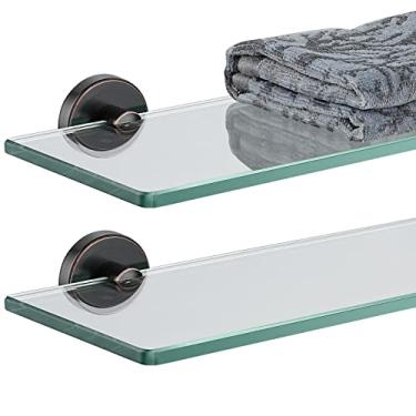 Imagem de JQK Prateleira de vidro de banheiro bronze polido a óleo, armazenamento de chuveiro de vidro temperado 40,64 x 12,70 cm, suporte de parede ORB de aço inoxidável 304, pacote com 2, TGS101L16-ORB-P2