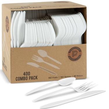 Imagem de PLASTICPRO 400 Pacotes de Utensílios de Plástico Descartáveis, Conjunto de Talheres Coloridos Variados, Garfos, Colheres, Facas, Talheres de Plástico Branco para Festas