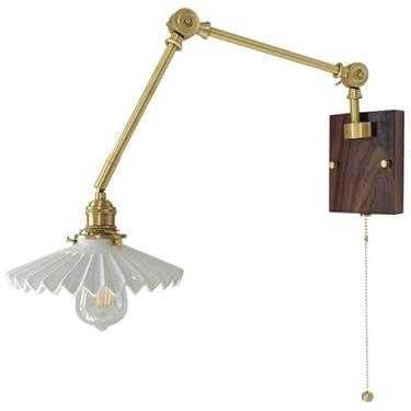 Imagem de Luminárias de parede de cerâmica estilo Wabi-Sabi japonesas com interruptor de zíper, arandelas de parede brancas plissadas para sala de jantar, base de balanço de latão E26/E27, luz de pare