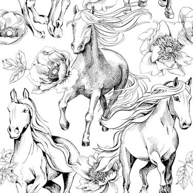 Imagem de zoé&yifan Papel de parede preto e branco para corrida de cavalos, papel de parede autoadesivo floral impermeável para contato com locatário, armário e quarto e banheiro 45 x 599 cm