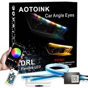 Imagem de Luzes externas de farol de carro, AOTOINK multicolorido, 61 cm, 12 V, fitas de LED DRL flexíveis RGB, à prova d'água, lâmpadas sequenciais de seta (APP e RF), pacote com 2