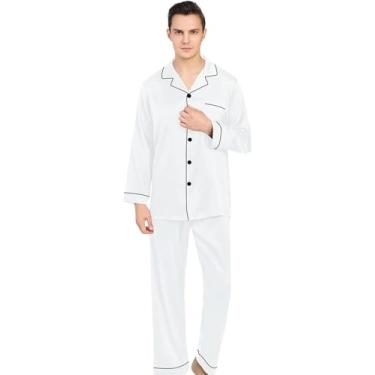 Imagem de Pijama Masculino Americano Cetim de Seda com Elastano Bolso botão Manga Longa e Calça (BR, Alfa, GG, Regular, Regular, Branco)