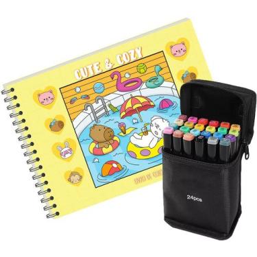Imagem de Kit Livro De Colorir Tik Tok Cute And Cozy Yellow 48 Desenhos + 24 Can