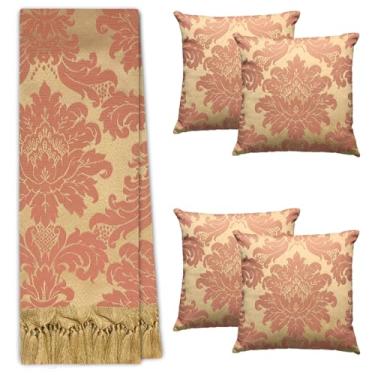 Imagem de Jogo Manta Xale para Sofá Artesanal com Franjas 1,40 x 1,80 com 4 Capas de almofadas (52 ROSE GOLD)