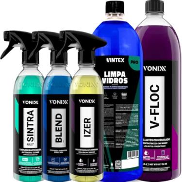 Imagem de Kit Produtos Limpeza Automotiva Vonixx Shampoo V-floc 1,5L Limpa vidros Pro 1,5L Sintra Fast Cera Liquida Blend Spray 500ml Descontaminante Ferroso Izer 500ml