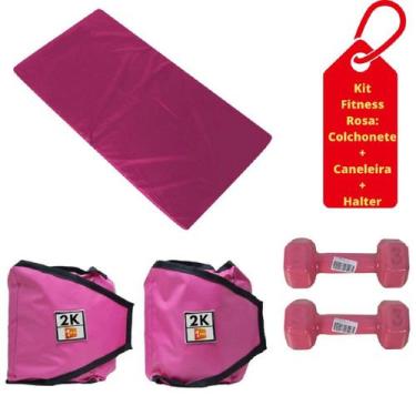 Imagem de Kit Colchonete Rosa+ Par de Caneleira 2kg + Par de Halter Emborrachado