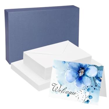 Imagem de PATIKIL 60 conjuntos de cartões de aquarela de algodão puro 63,5 kg/300 g/m² com envelopes para pintura artística notas de agradecimento criativas, tamanho dobrável de 12 x 17 cm (caixa azul)