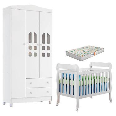 Imagem de Berço Americano Lila e Guarda Roupa Infantil New Selena 3 Portas Branco Brilho com Colchão Gazin – Carolina Móveis