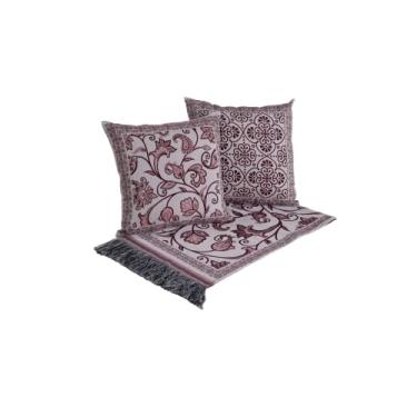 Imagem de Kit 5 Peças Manta Xalé Para Sofá Poltrona e Cama 1,35x1,35 Jacquard com Franja e Almofadas Cheias Vinho