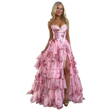 Imagem de Vestido de formatura com estampa floral de tule, espartilho longo com fenda, vestido formal em camadas, sem alças, decote coração, vestido de noite com bolsos, rosa, 22 Plus