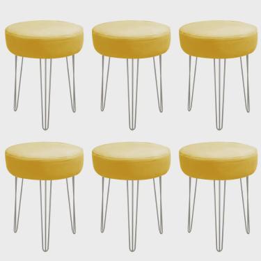 Imagem de Kit 06 Banquetas Puff Jullia Luxo 55cm Industrial Ferro Cinza Corino Amarelo - Ahazzo Móveis