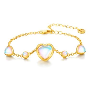 Imagem de Cicy Bell Pulseiras femininas banhadas a ouro 18 k Moonstone Lucky Heart Charm Pulseiras ajustáveis 17 cm com extensor de 5 cm, Free Size, Pedra da lua, latão, ouro 18k