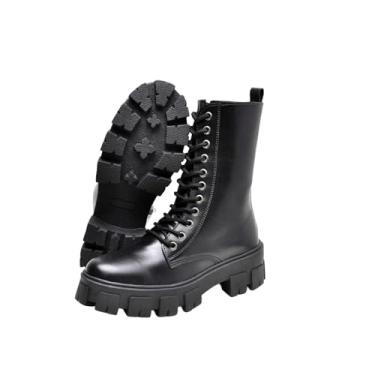 Imagem de Bota Feminina Cano Alto Coturno Militar Sola Alta Tratorada Cor,:Preto;Tamanho:37;Gênero:Feminino