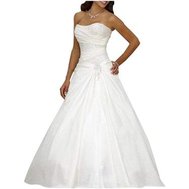 Imagem de Vestido de noiva de moda romântica Vestido de noiva A-Line Long Setin Strapless Fished Ligins, Branco, 46