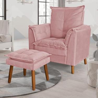 Imagem de Poltrona Amamentação Descanso Pés Palito Com Puff Ariel Veludo Rosa Tw