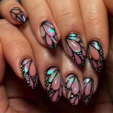 Imagem de RTKHFZE Unhas Postiças, Amendoadas, Curtas Em Formato Amendoado Com Desenhos De Borboletas, Acrílico, Postiços 3D, Cola, 24 Peças Para Meninas