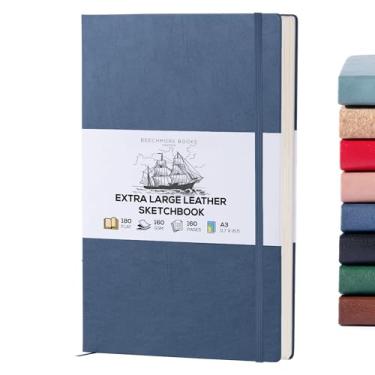 Imagem de Beechmore Books Caderno de desenho A3 – Caderno de esboço extra grande encadernado em couro vegano de 29 x 40 cm, capa dura, 160 g/m², folhas de marfim perfuradas, bloco de esboço em branco, caixa de