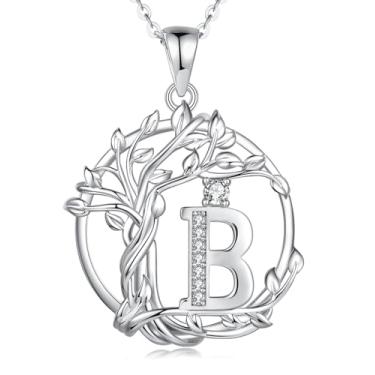 Imagem de FANCIME Presentes de dia das mães, árvore da vida, colares com inicial para mulheres, joia de árvore de prata esterlina, pingente de letra de diamante simulado, zircônia cúbica, zircônia cúbica,