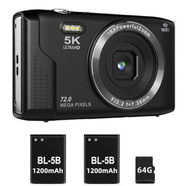 Imagem de T TAKMLY Câmera digital 5K, foco automático, zoom 16x, 72 MP, câmeras compactas, portáteis com flash para crianças, meninos, meninas, adolescentes, estudantes, tela antivibração, cartão de 64 GB