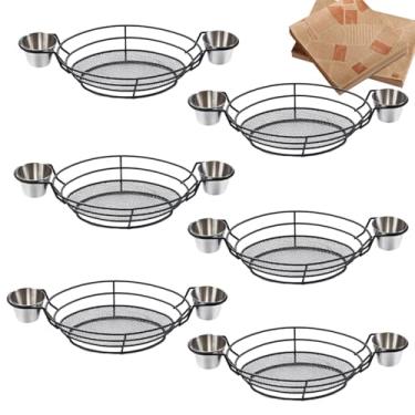 Imagem de Cesta de pão de arame com 6 peças, cestas ovais de fast food de arame de metal com 2 molheiras, cestas de comida reutilizáveis com 100 folhas de papel para cachorro-quente, hambúrguer, pão, frutas