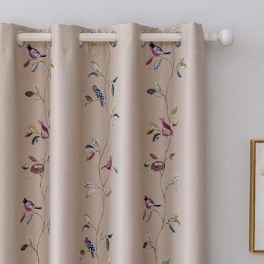 Imagem de Cortinas blecaute com estampa dupla face de pássaro e floral para sala de estar 213 cm de comprimento Boho para quarto, 2 painéis, cáqui