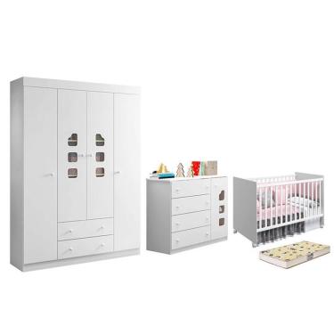 Imagem de Dormitório Infantil Lívia Kit com Guarda Roupa Cômoda Berço e Colchão em MDF 147cm Branco Phoenix Baby