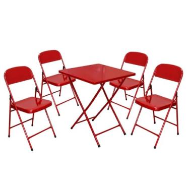 Imagem de Conjunto Mesa C/ 4 Cadeiras Dobráveis Bar Restaurante Aço (Vermelho)