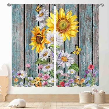 Imagem de Cortinas de cozinha de girassol, casa de fazenda, rústico, amarelo, floral, margarida, azul, madeira, primavera, flores silvestres, rural, blackout para janela, tratamentos para quarto, sala de estar