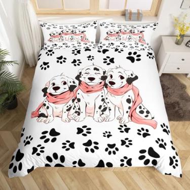 Imagem de Conjunto de capa de edredom de cachorro dálmata, tamanho solteiro, estampa de patas de cachorro fofo, decoração de quarto de meninos e meninas, capa de edredom rústica de animal de estimação com
