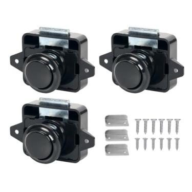 Imagem de Kellegour Trava de botão, 3 peças de trava de armário sem chave, trava de armário com botão de pressão, puxador de armário para trailer, motorhome, caminhão, caravana, iate, barco, marinho, preto