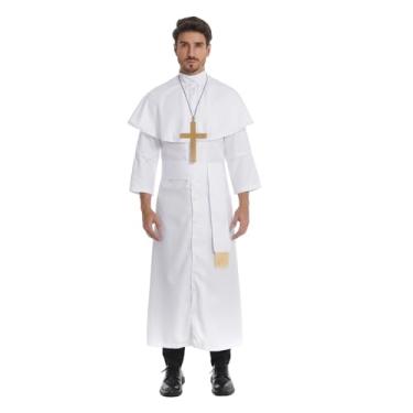 Imagem de AGCOAH Fantasia masculina de padre adulto, fantasia de padre, fantasia de padre, fantasia de padre, fantasia de Dia das Bruxas, padre, 3 peças (branco-M)