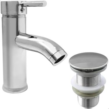 Imagem de Dona D Cor, Kit Torneira Inox Bica Baixa Redonda Monocomando Misturador Cromada e Válvula Click 1 1/4 Brilhante Lavabo Pia Banheiro Escoamento Aço Inox