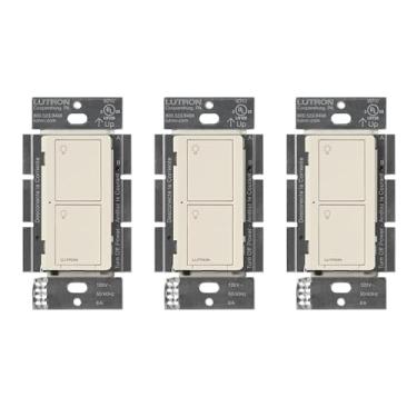 Imagem de Lutron Interruptor de luz inteligente original Caseta (Lutron Smart Hub necessário), para casa, luzes LED e ventiladores, 6 Amp, monopolar/3 vias, neutro necessário, PD-6ANS-LA, amêndoa, pacote com 3