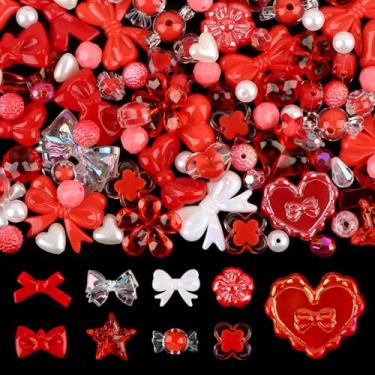 Imagem de 150 peças de contas pastel acrílicas para fazer joias, laço colorido Kalolary borboleta flor kawaii plástico doce coração fofo macaroon contas estéticas para pulseira colar suprimentos DIY (vermelho)