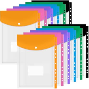 Imagem de Bgtecho Pacote com 12 bolsos para fichário para 2/3/4 anéis, bolsa de documentos A4 com botão de pressão e etiqueta, pastas organizadoras de bolso para fichário, envelopes de plástico expansíveis para