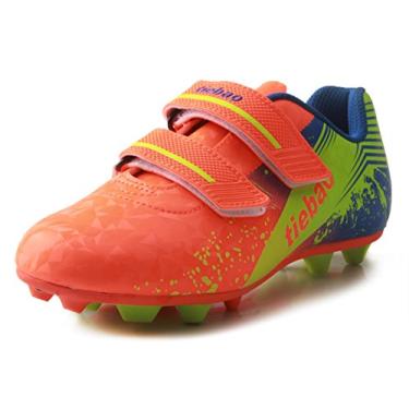 Imagem de T&B Botas de futebol infantis Chuteiras firmes de chão com gancho e laço para esportes ao ar livre (crianças pequenas/crianças grandes) No. 76660A, Orange/Green, 2 Little Kid