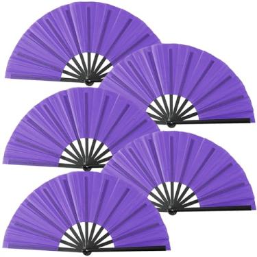 Imagem de Oncpcare 5 peças grande ventilador de mão em massa, chinês japonês Kung Fu Tai Chi Popping Clack Rave leques dobráveis portáteis para dança em linha (Roxo)