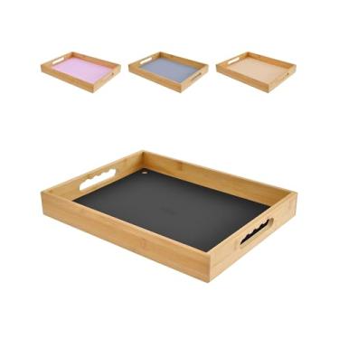 Imagem de Bandeja de servir de bambu, bandeja de café da manhã na cama com tapete de silicone removível, bandeja decorativa para sala de estar, banheiro, barra de chá