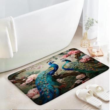 Imagem de Dois pavões tapetes de banheiro elegantes animais lindos pássaros flor planta árvore folhas padrão flanela espuma memória tapete retangular banheiro cozinha porta corredor tapete 43 x 73 centímetros
