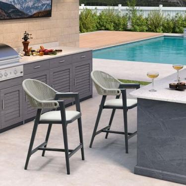 Imagem de PURPLE LEAF Conjunto de 2 cadeiras de bar de vime com encosto de alumínio moderno para pátio, quintal, cozinha interna, cinza