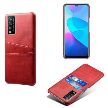Imagem de Capas Compatível com VIVO Y20 2021,Caso de couro PU-Tampa de telefone a prova de choque com 2 slots de cartão,Proteção anti-impressão digital e anti-gota-Red