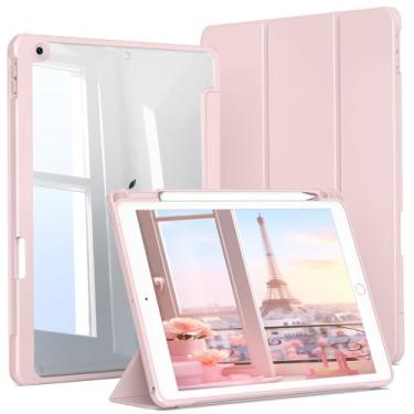 Imagem de JKSML Capa para iPad 9ª/8ª/7ª geração de 10,2 polegadas, capa com suporte para lápis para iPad 9/8/7 2021/2020/2019, capa traseira rígida, despertar/hibernar automaticamente, rosa