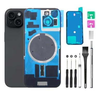 Imagem de Substituição de vidro traseiro para iPhone 15 vidro traseiro + lente da câmera + ímã + suporte de peça de ferro com kit de ferramentas de reparo (preto)
