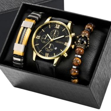 Imagem de Relógio Masculino Couro Alfa Luxuoso Geneva + Kit Pulseiras (Preto)