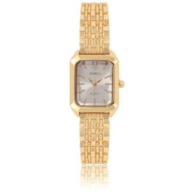 Imagem de MANIFO Relógio de pulso feminino retangular com pulseira de metal analógico de quartzo para mulheres e mulheres, Dourado