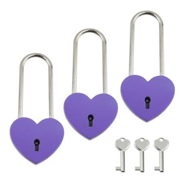 Imagem de T Tulead Cadeados de liga de zinco em forma de coração roxos, 3,86 x 1,185 cm, 3 peças com chave, para armário, livro diário, caixa de joias