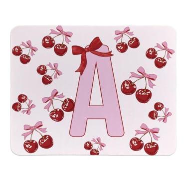Imagem de Rusenbao Lindo mouse pad de cereja personalizado, pequeno e fofo coquete rosa com laço para mulheres e meninas, mousepads iniciais personalizáveis para laptop, computador, escritório, 24 x 19 cm