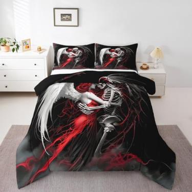Imagem de Erosebridal Conjunto de edredom de casal de caveira gótica, tamanho solteiro, dia dos namorados, esqueleto, vermelho, preto, anjo e esqueleto, para decoração de quarto