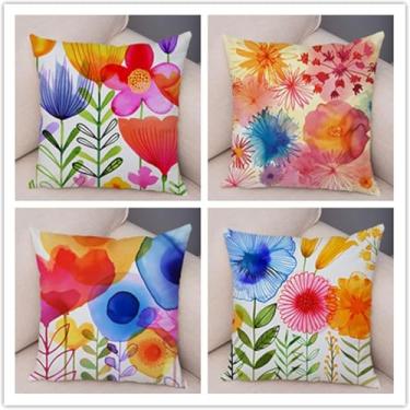 Imagem de Conjunto De 4 Capas De Almofada 45x45cm Capas De Almofada De Flores Coloridas Quadradas Dupla Face Capas De Almofada Macias Ao Ar Livre Para Com Zíper Invisível, Para Cadeir, Linen, 45x45 cm